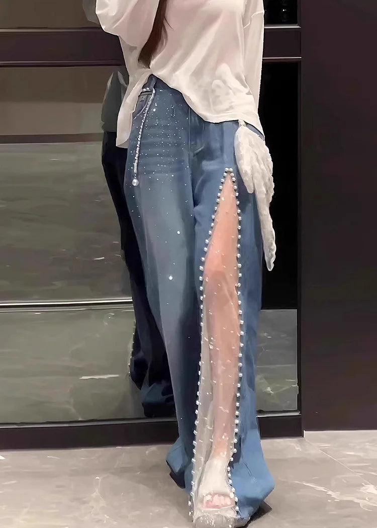 Lace Mesh Patchwork Baggy Jeans