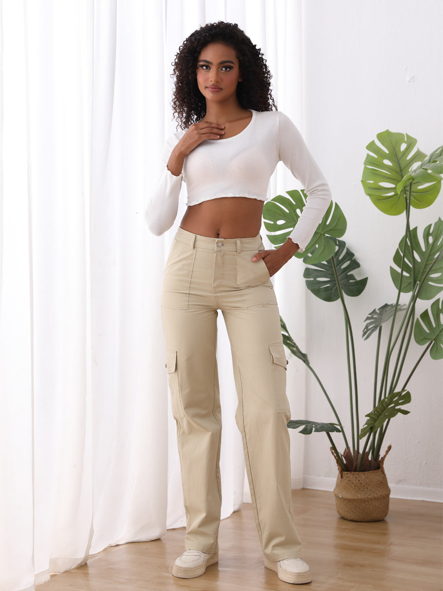 High Waist Flap Pocket Side Cargo Jeans