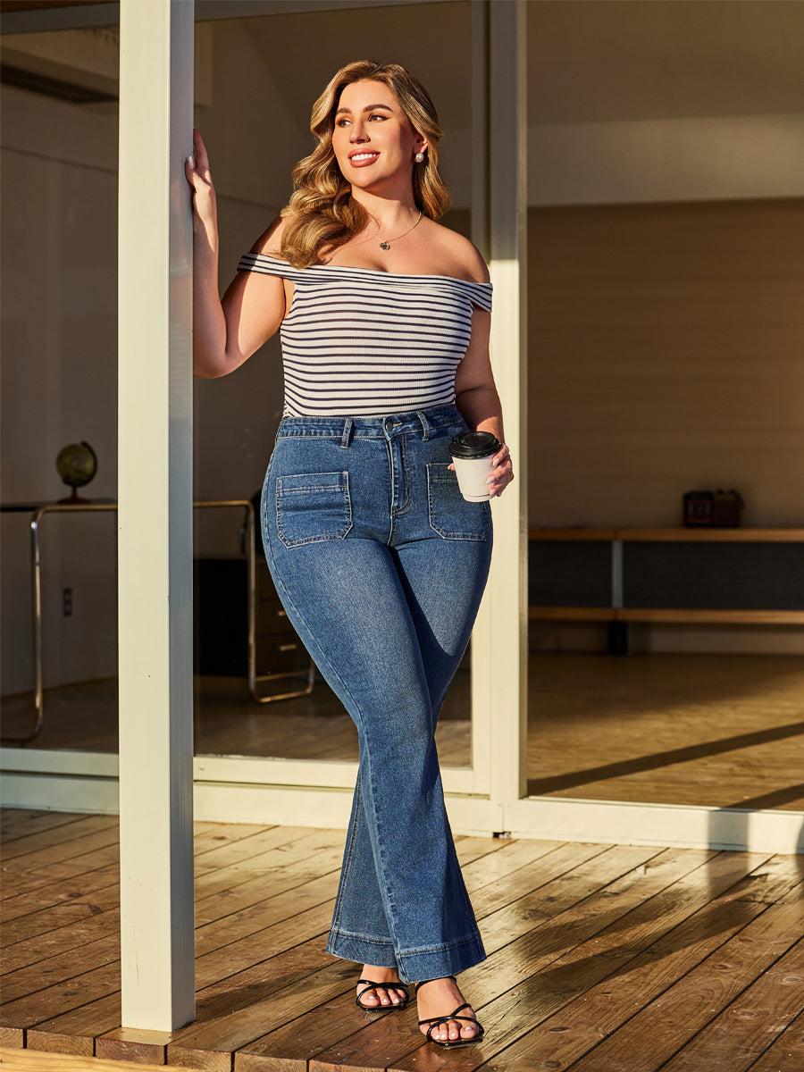 70s Retro High Waist Patch Pocket Stretch Flare Jeans