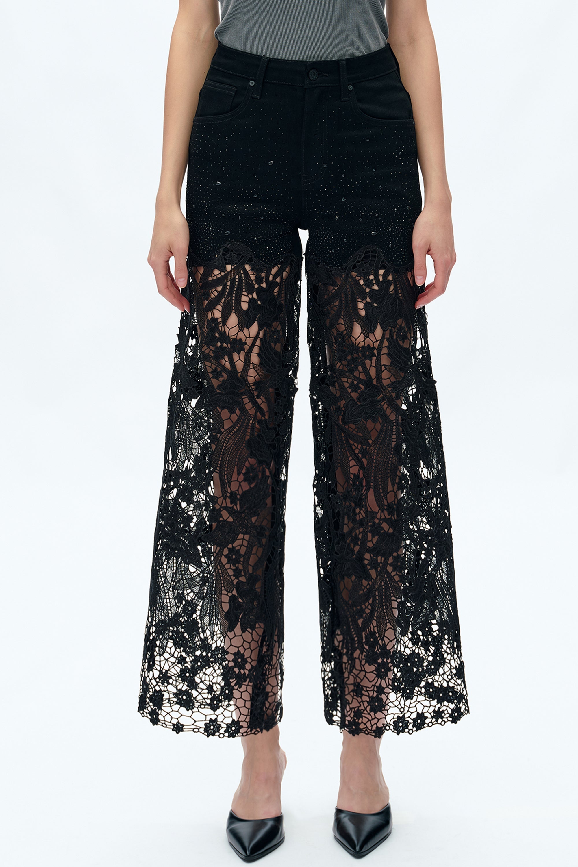 High Rise Wide Leg Lace Denim Jeans With Rhinestones