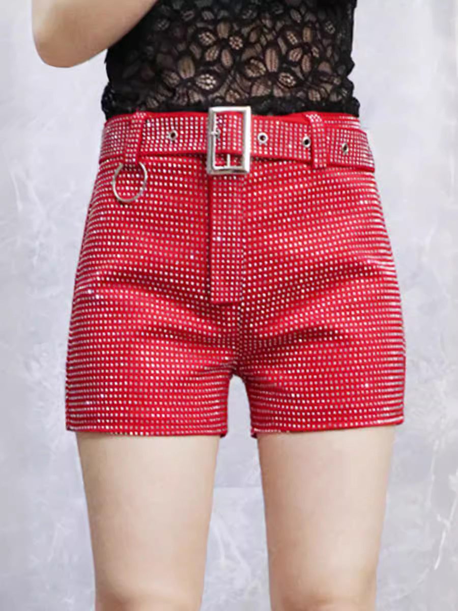 High Waist Rhinestone Belt Wide Leg Denim Shorts