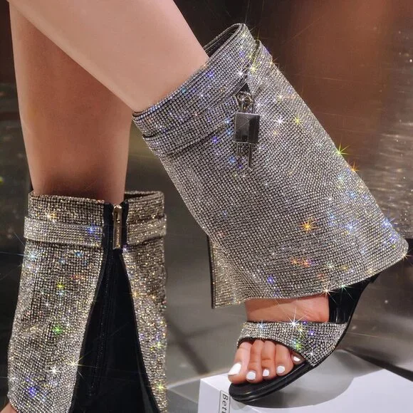 New Bling Diamante Rhinestone Fold-Over Sandal Booties Hidden Wedge Heel Padlock