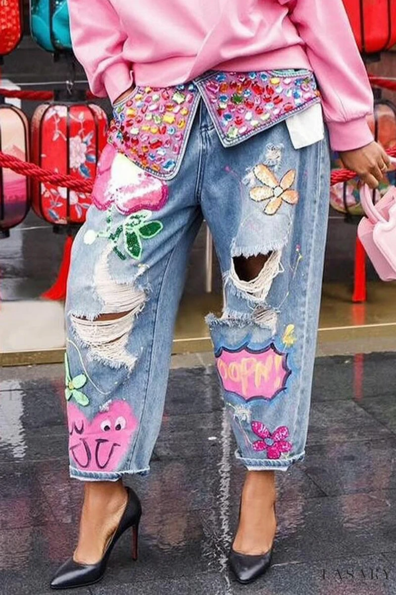 Women's Heavy-duty Rhinestone Printed Ripped Jeans