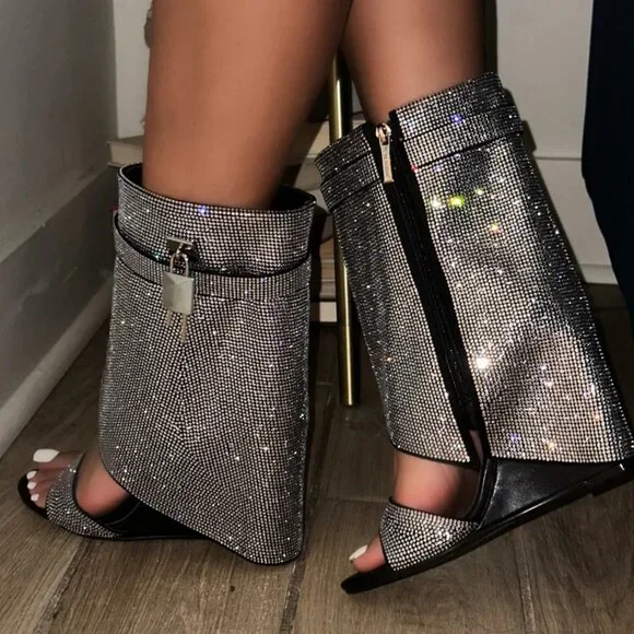 New Bling Diamante Rhinestone Fold-Over Sandal Booties Hidden Wedge Heel Padlock