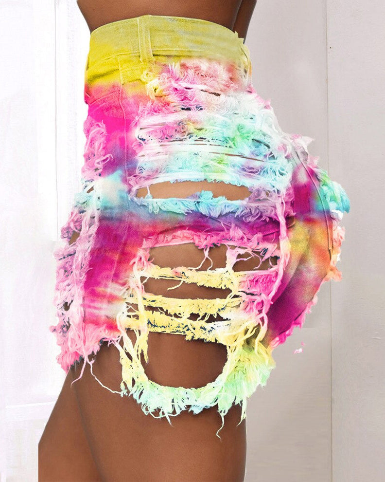 Fashion Ripped Tie Dye Denim Shorts