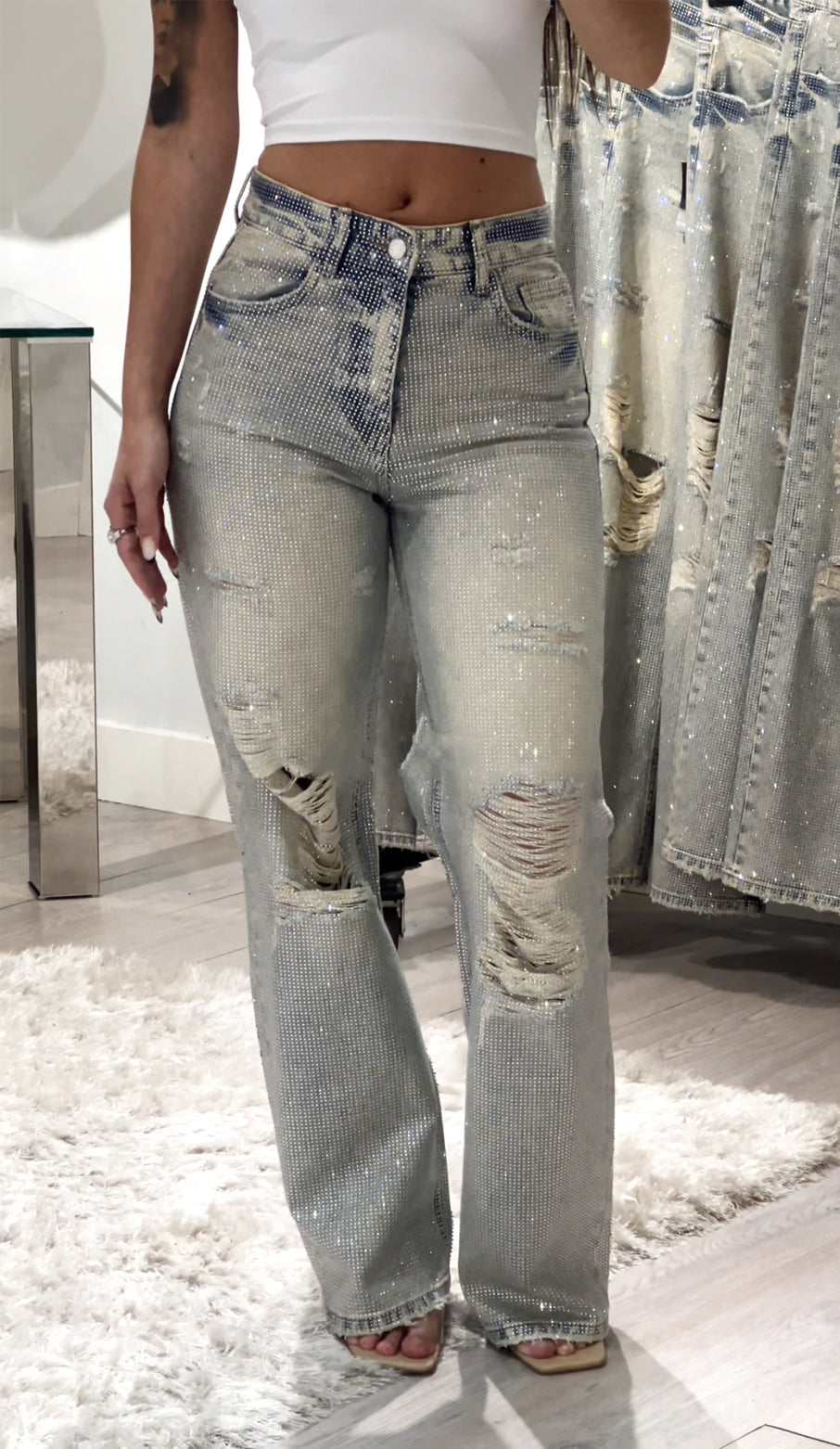 High Waisted Diamanté Ripped Hollow Jeans