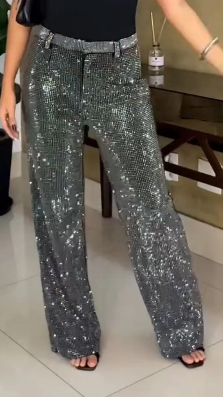Rhinestone Casual Straight Pants