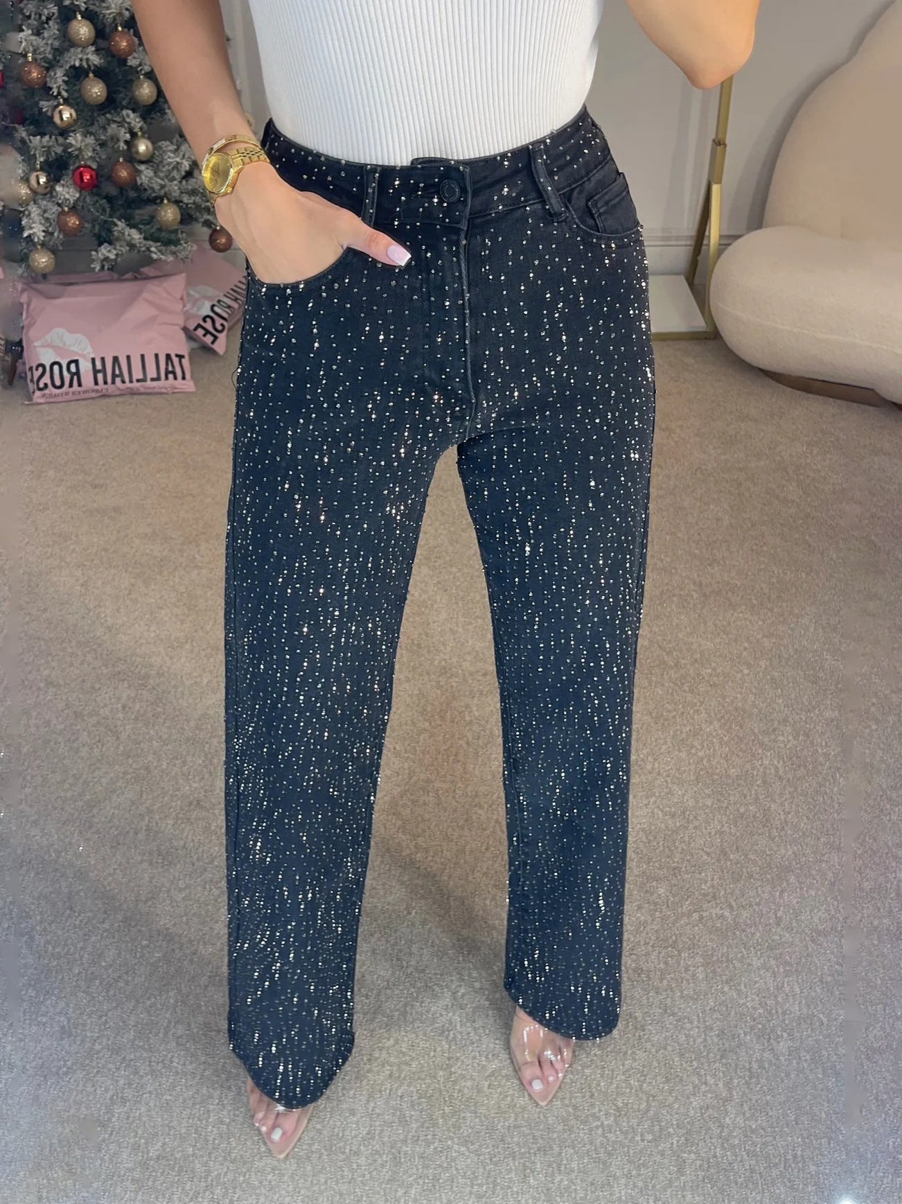 High Waisted Diamanté Straight Leg Jeans