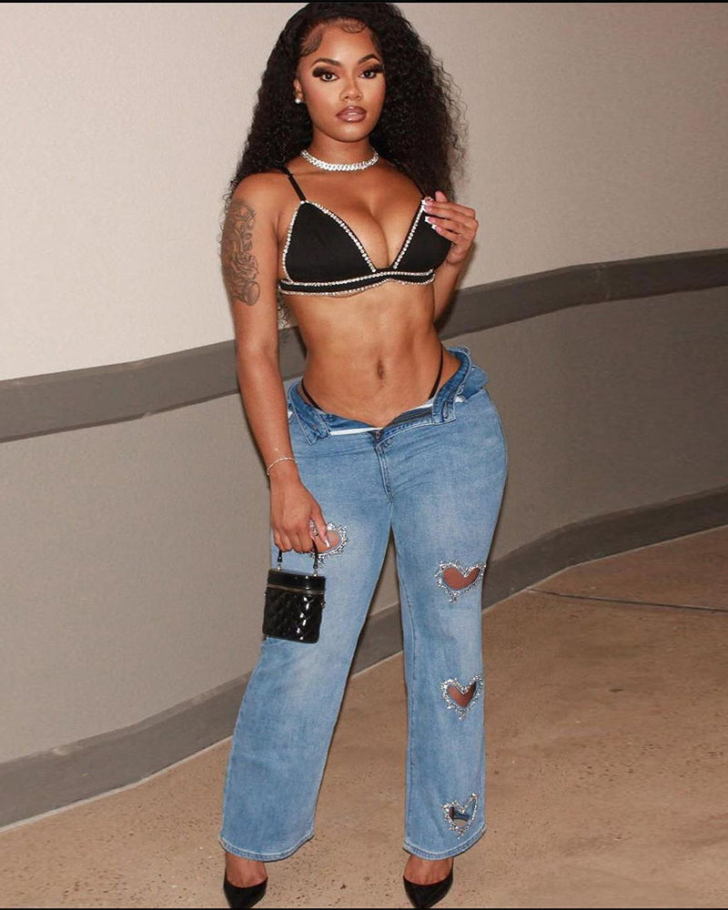 Women Straight Heart Diamond Hollow Out Pockets Vintage Denim