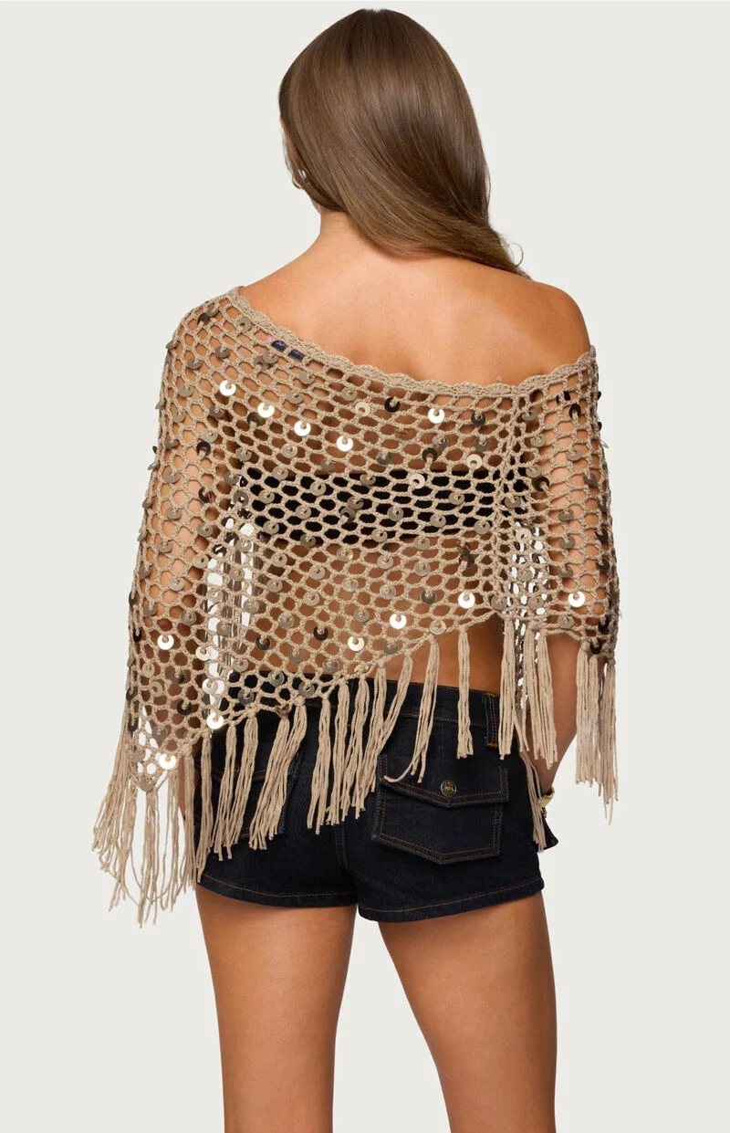 Fringe Sequin Crochet Poncho