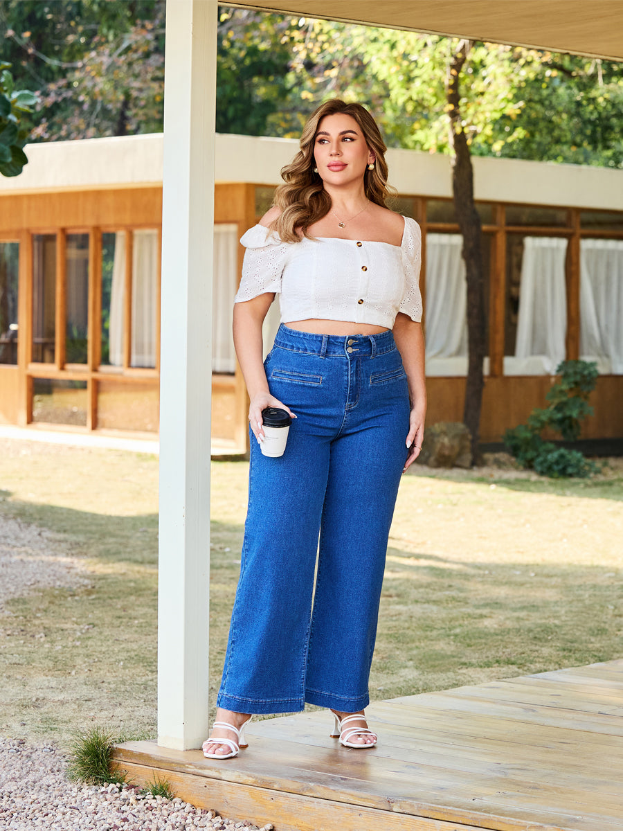 Relaxed Tummy Control Double Button Closure Wide-Leg Jeans
