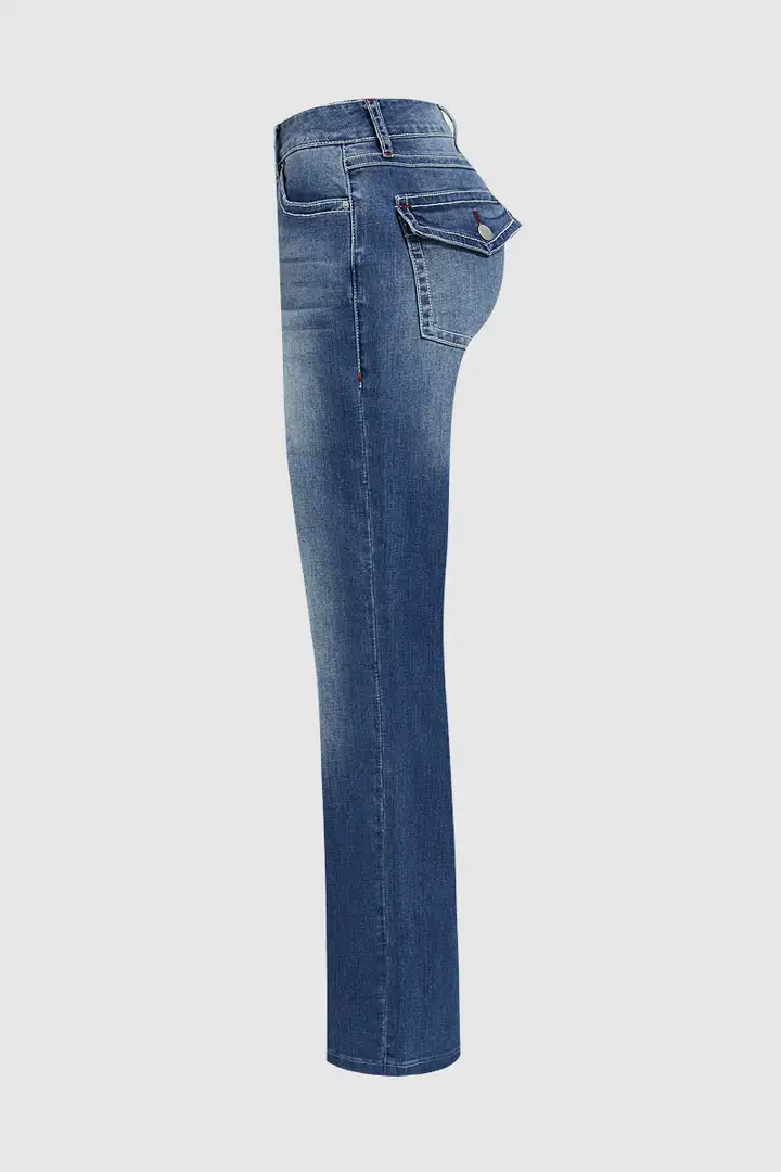 Washed Flap Pocket Low Rise Straight Leg Jeans