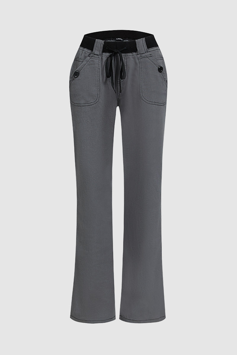 Button Detail Drawstring Low Rise Flare Pants