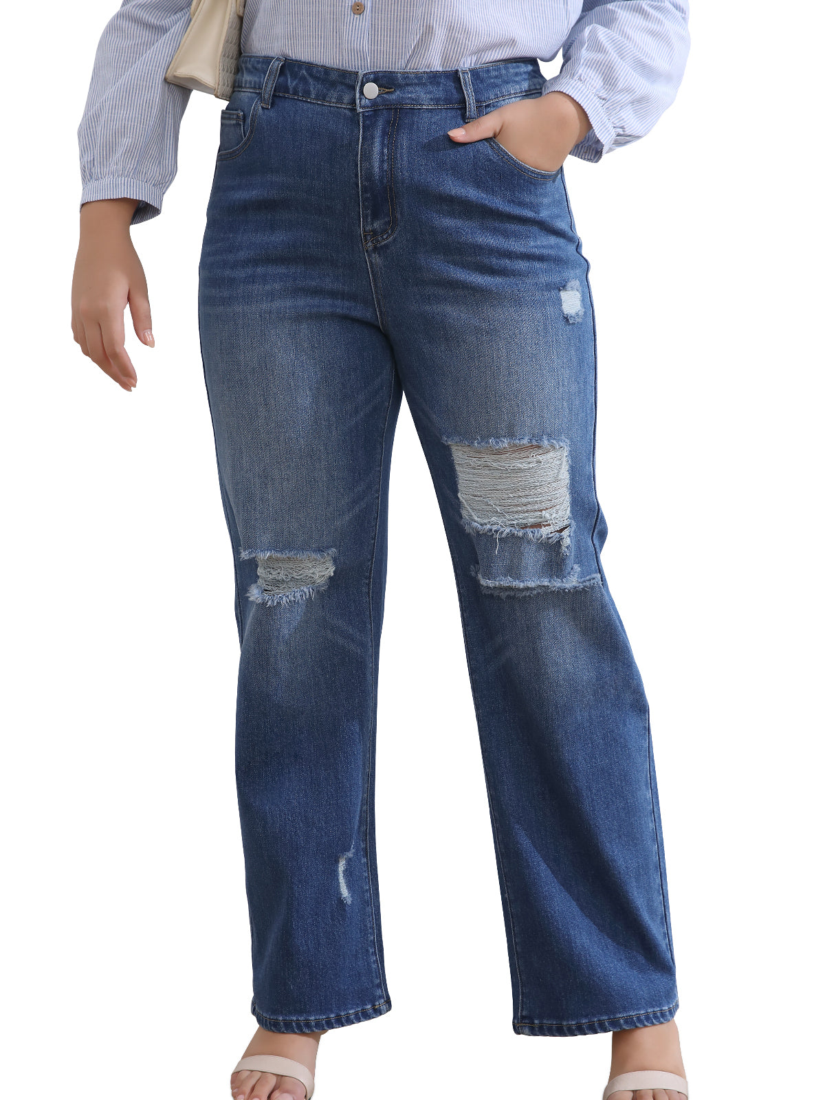 High Waisted Ripped Light Wash Straight Leg Jeans