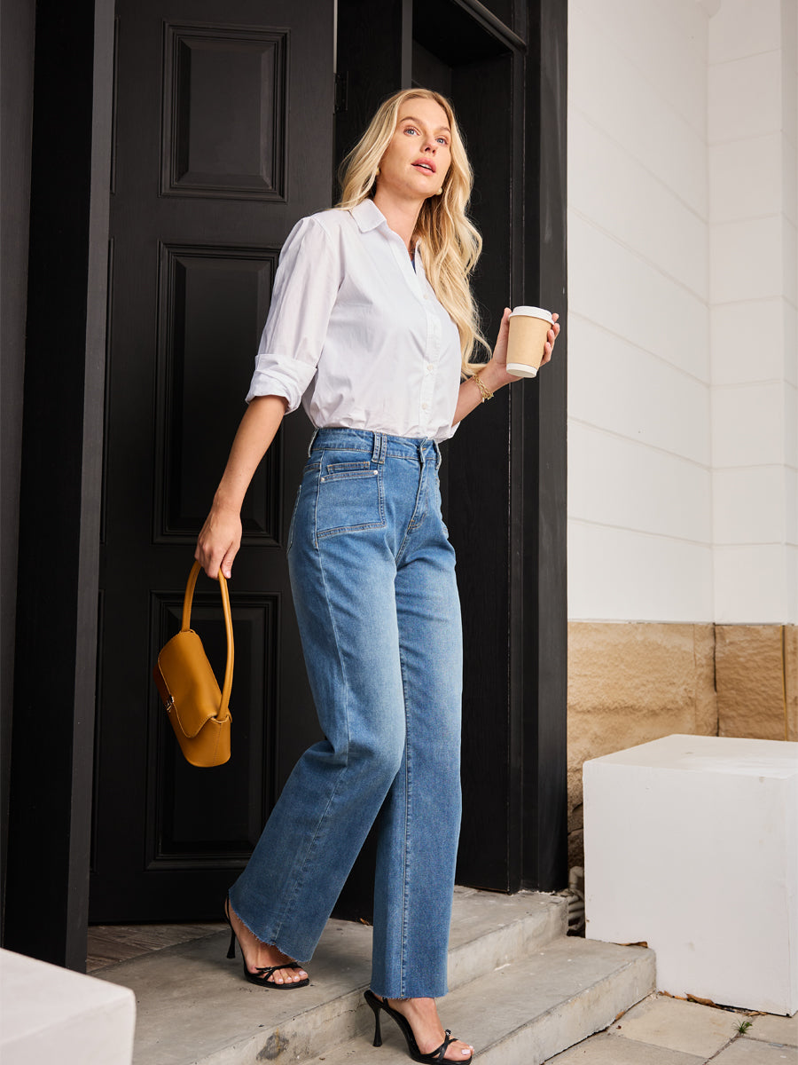 Classic Medium Blue High Waist Wide Leg Jeans