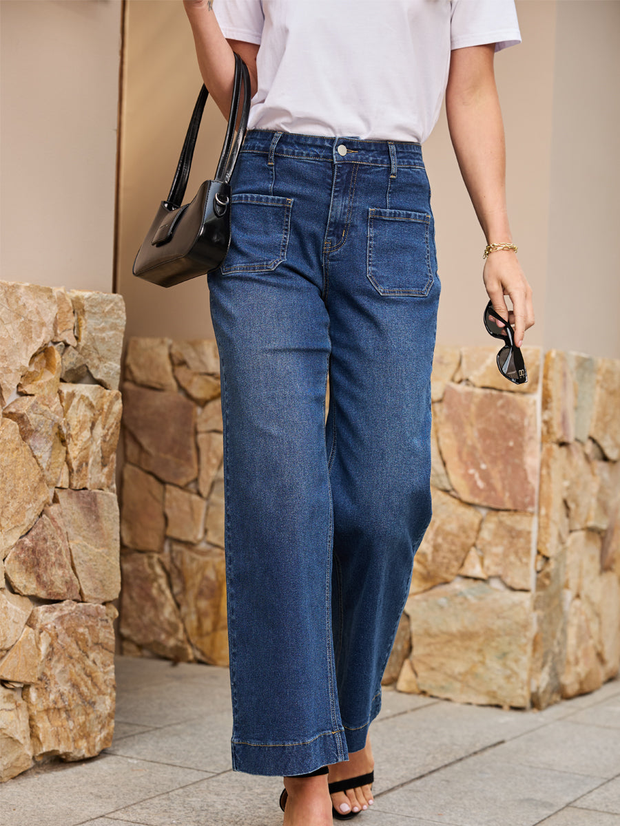 High Waist Patch Pocket Dark Blue Stretch Bell Bottom Jeans