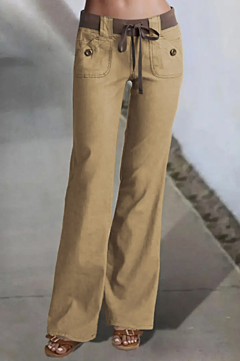 Button Detail Drawstring Low Rise Flare Pants