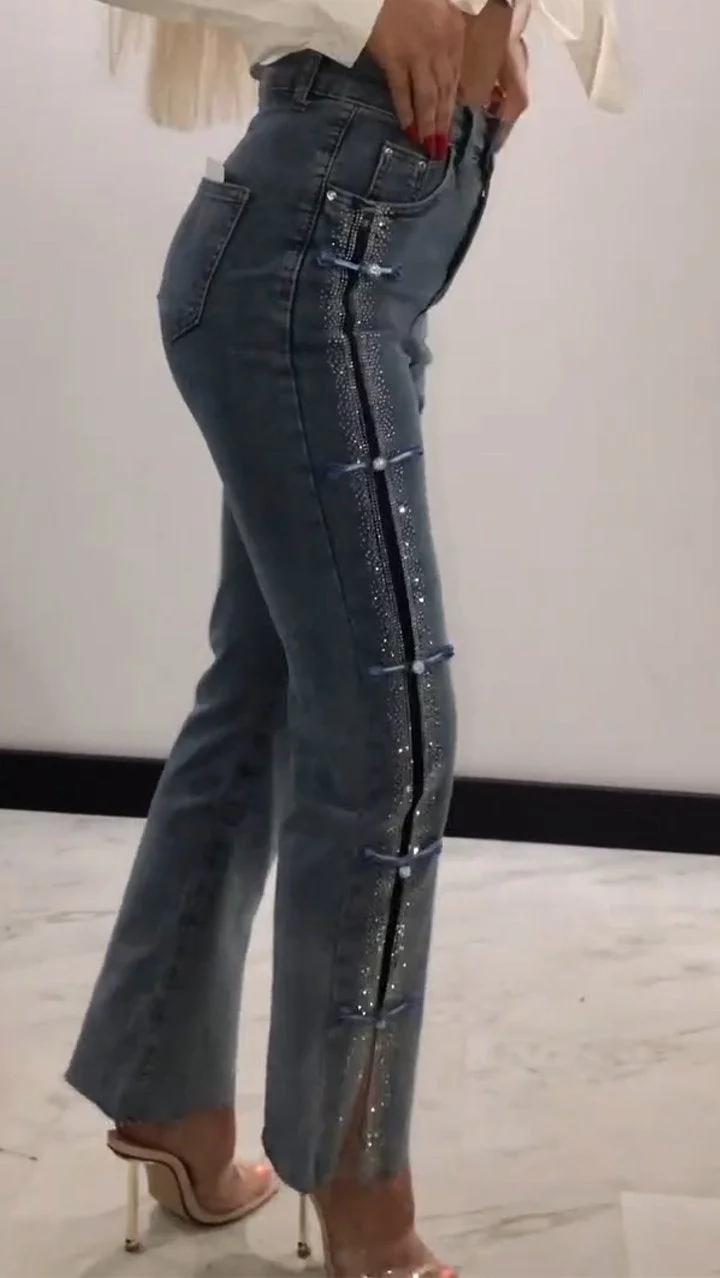 Diamond Patchwork Design Slit Slim Jeans