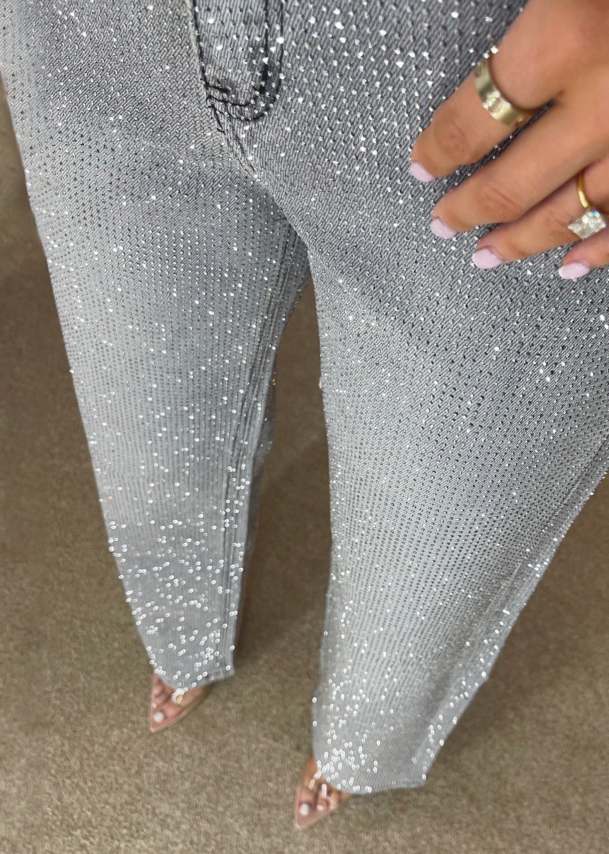 High Waisted Diamanté Straight Leg Grey Jeans