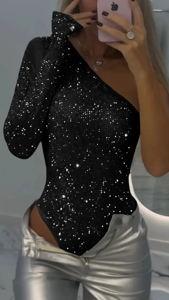 Women's One-shoulder Tight Rhinestone Top