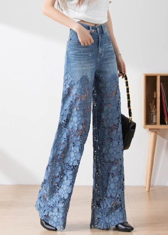 Women Wide Leg Sheer Mesh Star Print Splice Denim