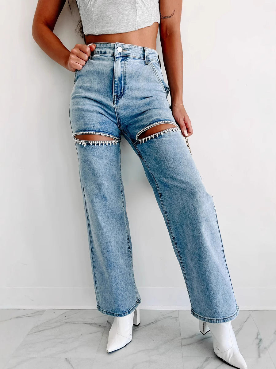 High Waisted Embellished Cut-Out Jeans