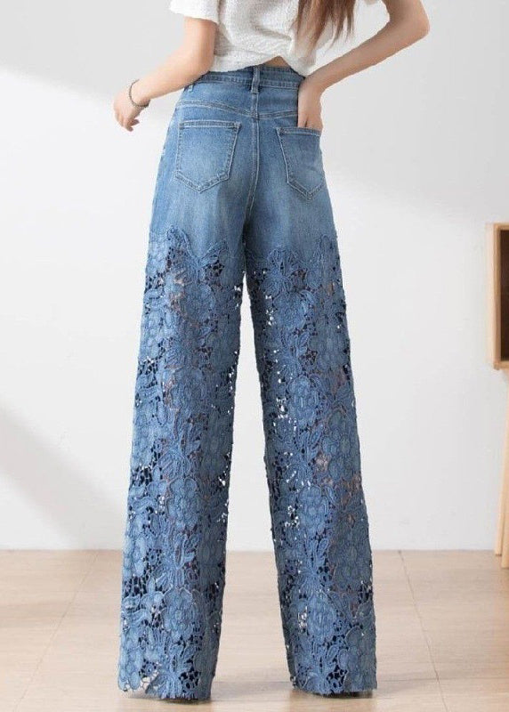Women Wide Leg Sheer Mesh Star Print Splice Denim