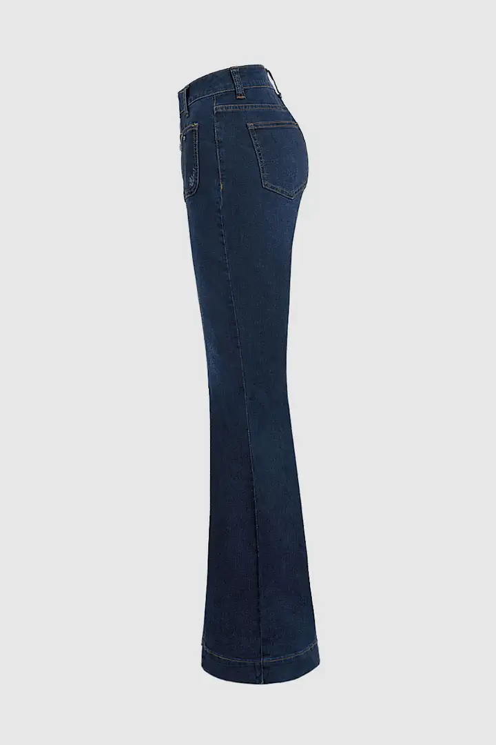 Wash Button Fly Seam Front High Rise Flare Jeans