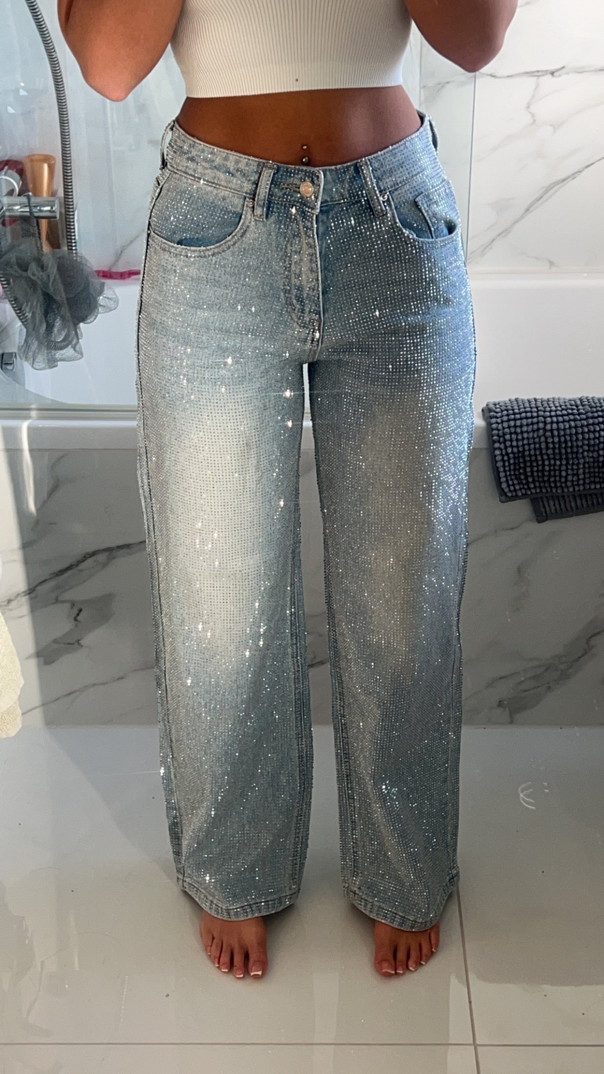 Full Diamanté Blue Wide Leg Sparkle Covered Jeans