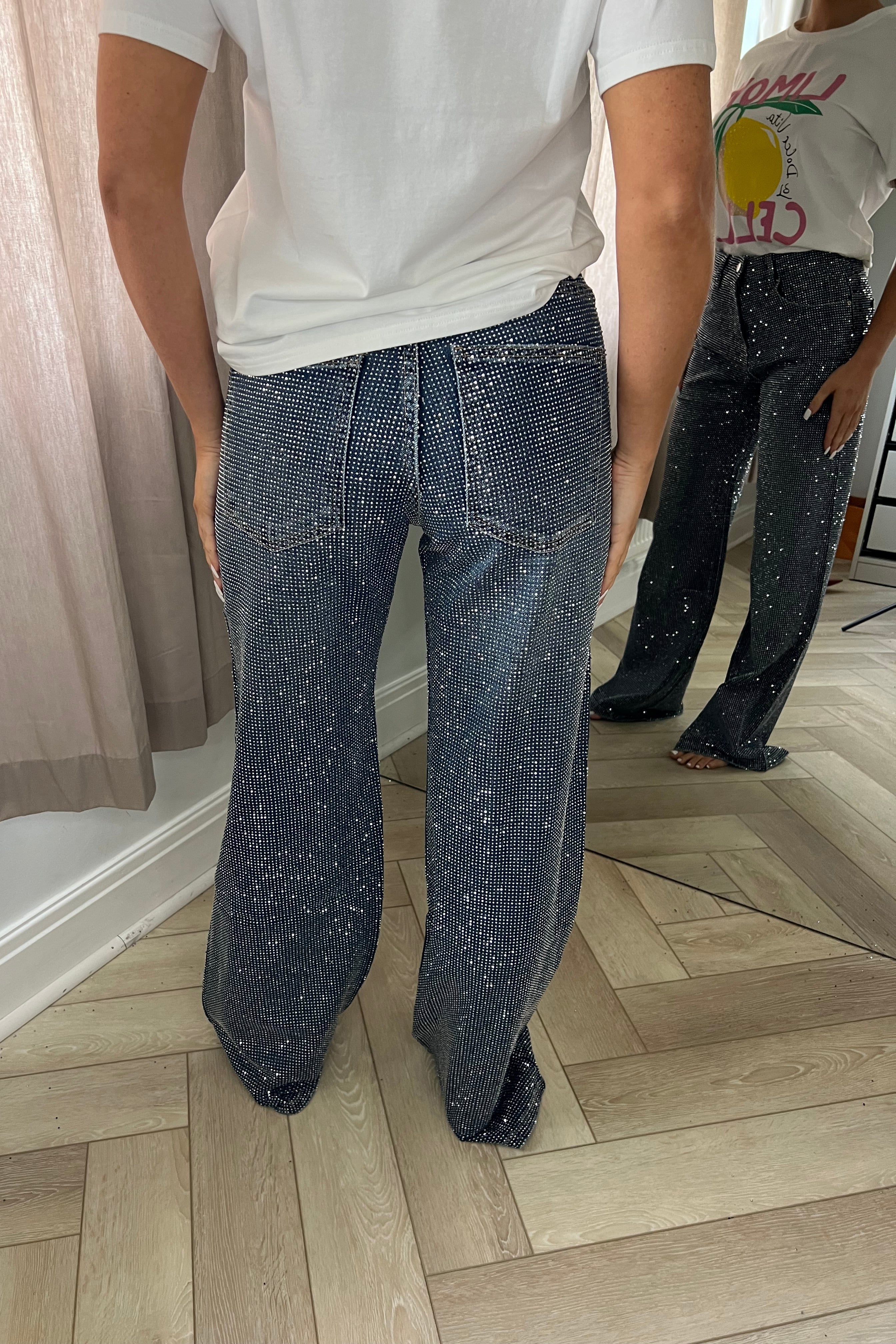 Full Diamanté Blue Wide Leg Sparkle Covered Jeans
